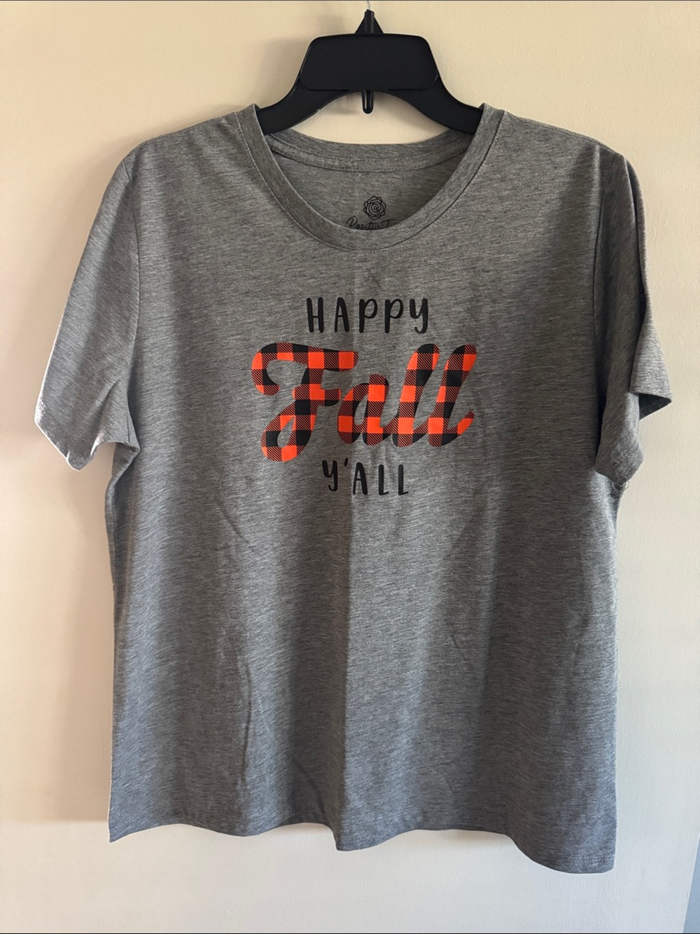 Happy Fall Y'All Grey Tee with Plaid Script